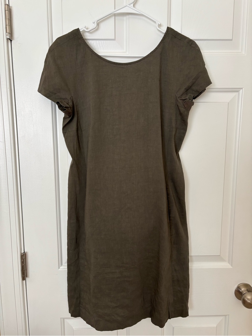 Theory Olive Short Sleeve Linen Shift Dress Size 8 Pockets Side Zipper